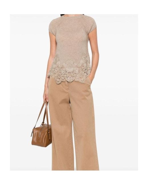 Ermanno Scervino Natural Lace-Trimmed Crewneck T-Shirt
