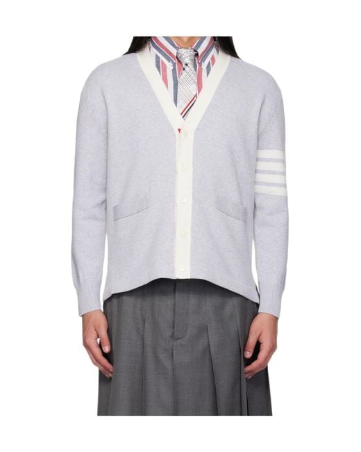 Thom Browne White Crest Intarsia Jacquard-Bar Rugby Fit Cardigan for men