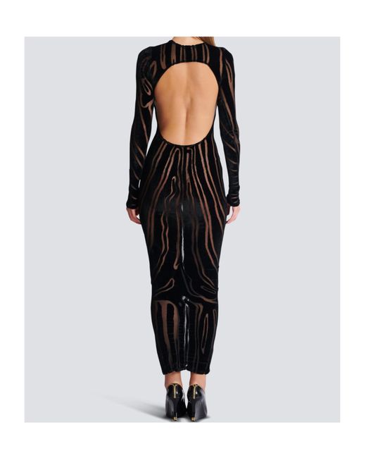 Balmain Black Velvet Zebra-Print Long-Sleeve Open-Back Midi Dress