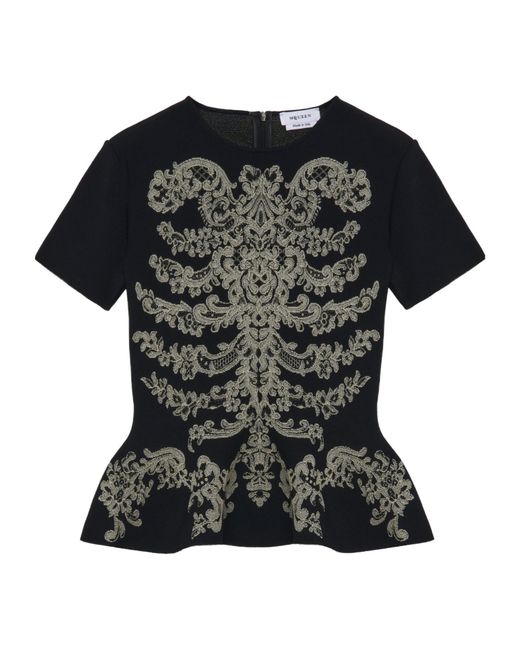 McQueen Black Lace Ribcage Jacquard Peplum Top