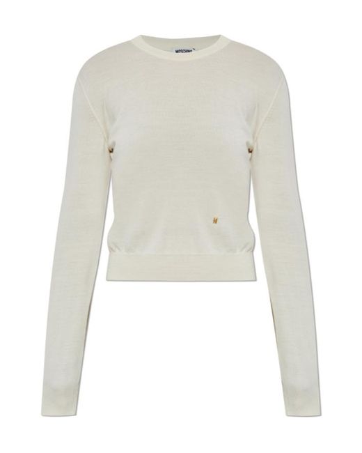 Moschino White Logo Plaque Crewneck Jumper