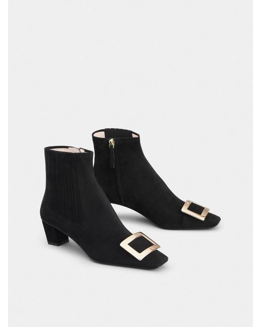Roger Vivier Black Belle Vivier Suede And Metal Buckle Chelsea Booties