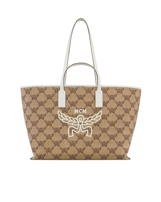 MCM Natural Monogrammed Logo Detailed Tote Bag