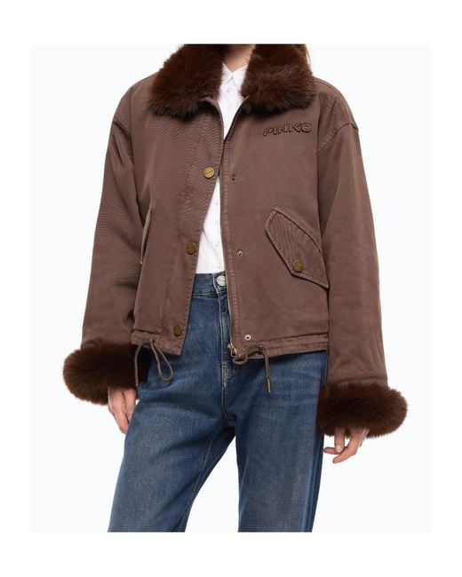 Pinko Brown Cotton Pea Coat With Faux Fur Details