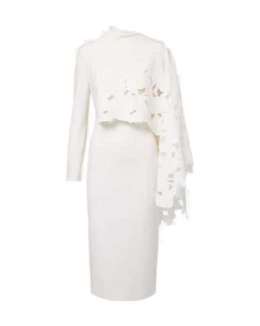 Oscar de la Renta White Cape-Detail Wool-Blend Midi Dress
