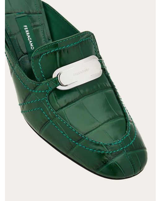 Ferragamo Green Embossed Round-Toe Mules