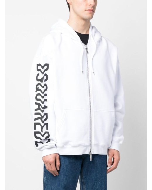 DSquared² White Logo Print Zip-Up Hoodie for men
