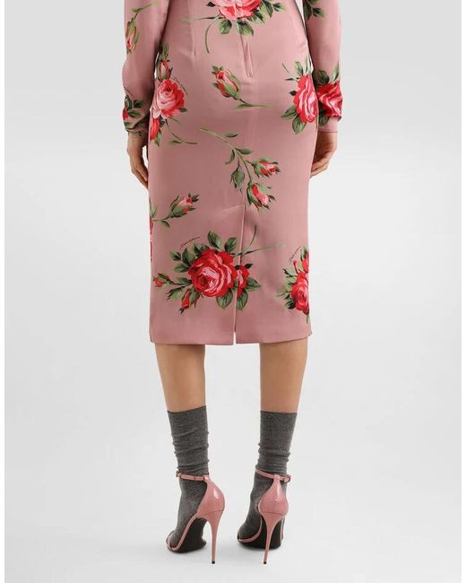 Dolce & Gabbana Pink Long-Sleeved Floral-Print Midi Dress