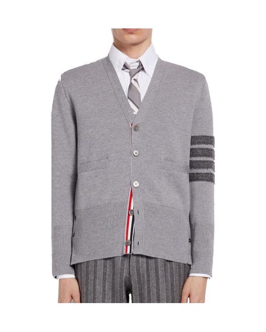 Thom Browne Gray 4-Bar V-Neck Shetland Wool Cardigan for men