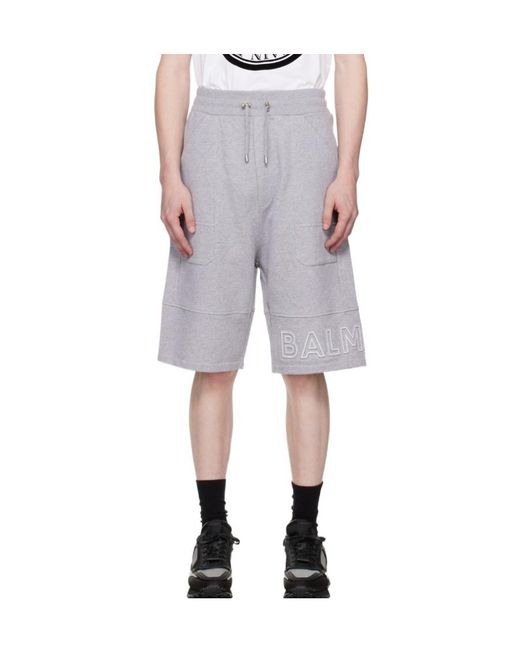 Balmain Gray Reflective Logo Bermuda Shorts for men