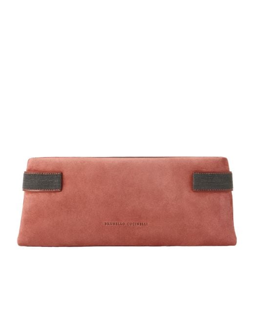 Brunello Cucinelli Red Essence Bead-Embellished Leather-Trimmed Suede Clutch