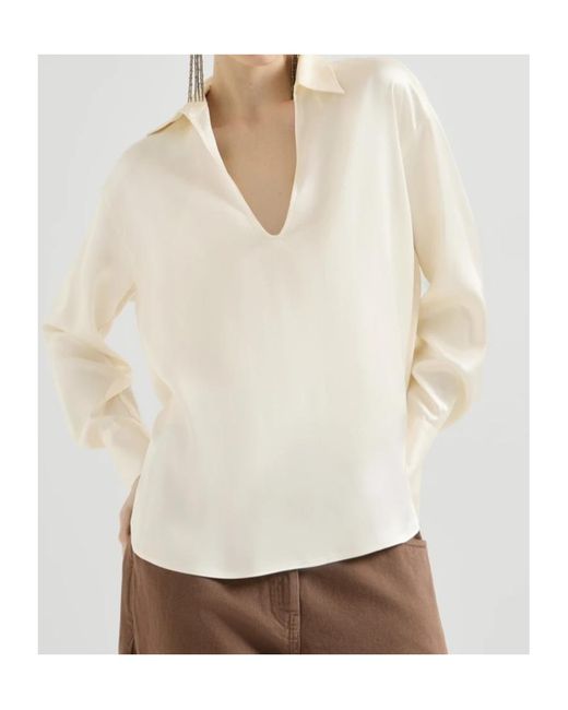 Brunello Cucinelli White Silk Satin Blouse