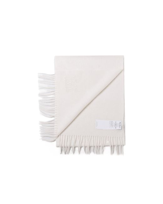 Max Mara White Logo Embroidered Fringed Edge Scarf