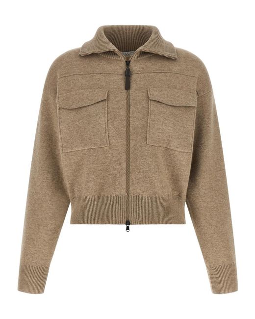 Brunello Cucinelli Natural High Neck Zip-Up Cardigan
