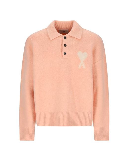 AMI Pink Ami De Coeur Logo Intarsia Knitted Jumper for men