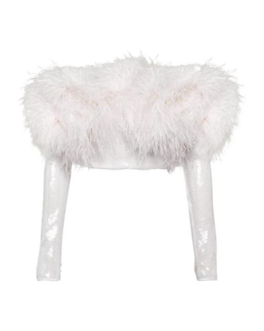 David Koma White Sequined Feather-Trimmed Crop Top