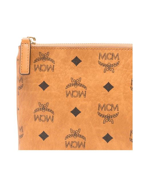 MCM Brown Logo Patterned Zipped Clutch Bag