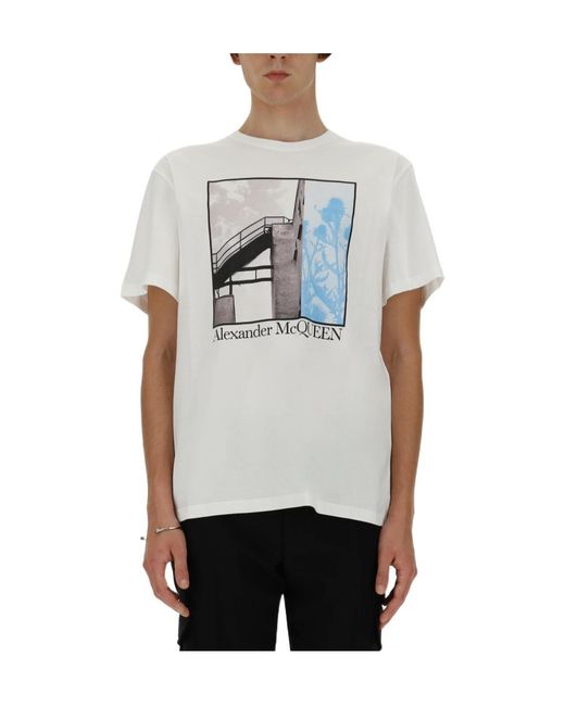 McQueen White Graphic Printed Crewneck T-Shirt for men