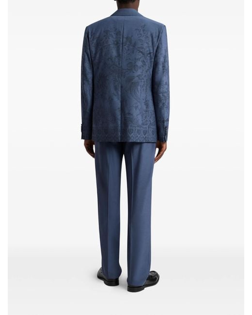 Etro Blue Single-Breasted Wool Jacquard Jacket With Flora And Fauna Motif for men