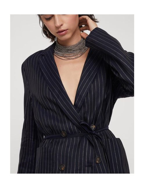 Brunello Cucinelli Blue Sparkling Stripe Cotton Gauze Jacket With Belt And Necklace