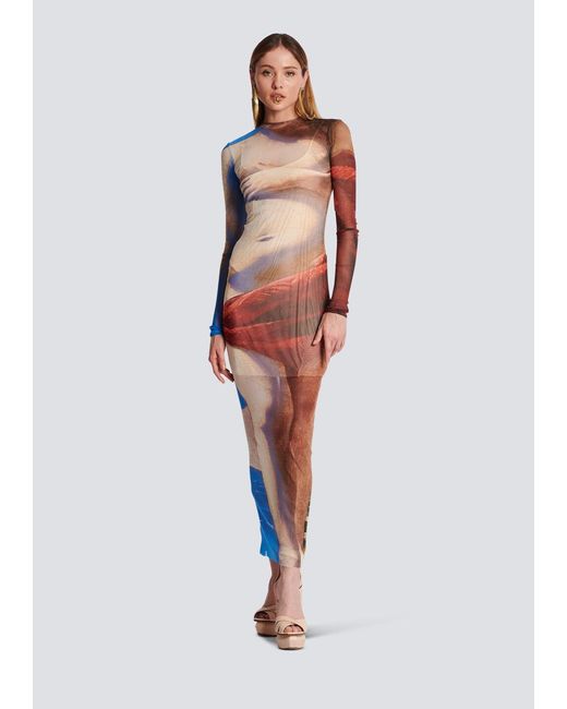 Balmain Purple Trompe-L'Oeil Printed Tulle Maxi Dress
