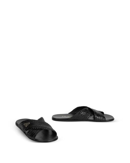 Prada Black Triangle-Logo Woven Slip-On Sandals