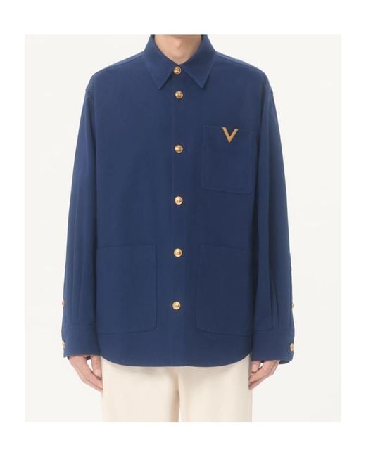 Valentino Blue Logo Plaque Button-Up Shirt Jacket for men