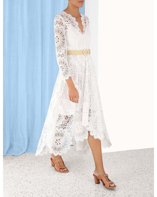 Zimmermann White Chintz Doily-Lace Belted Midi Dress