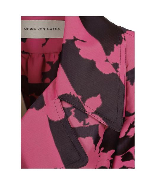 Dries Van Noten Red Floral Motif Trench Coat Waist Belt