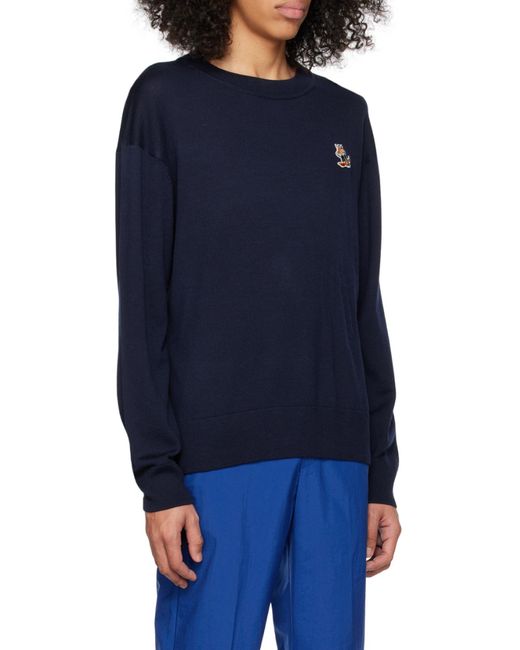 Maison Kitsuné Blue Embroidered Fox-Patch Longlsleeved Sweater for men