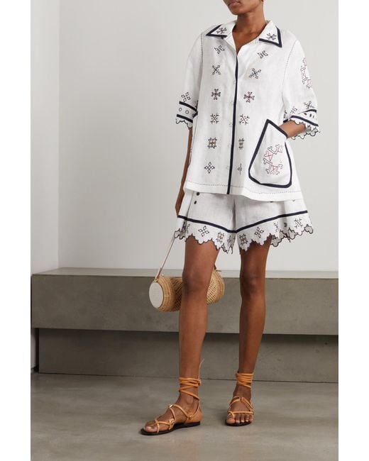 Vita Kin White Greta Broderie Anglaise-Trimmed Embroidered Linen Blouse