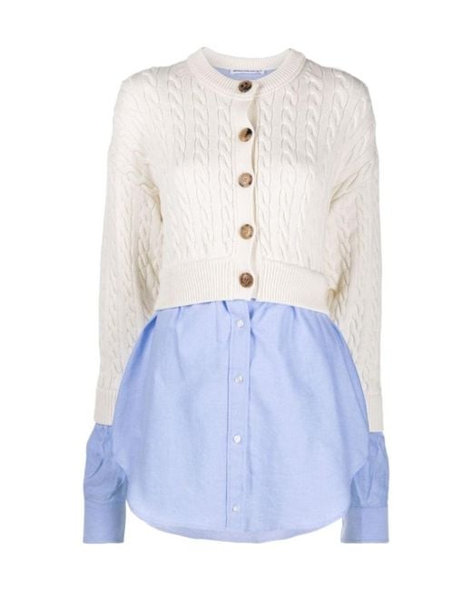 T By Alexander Wang Blue Shirt-Panelled Cable-Knit Jumper