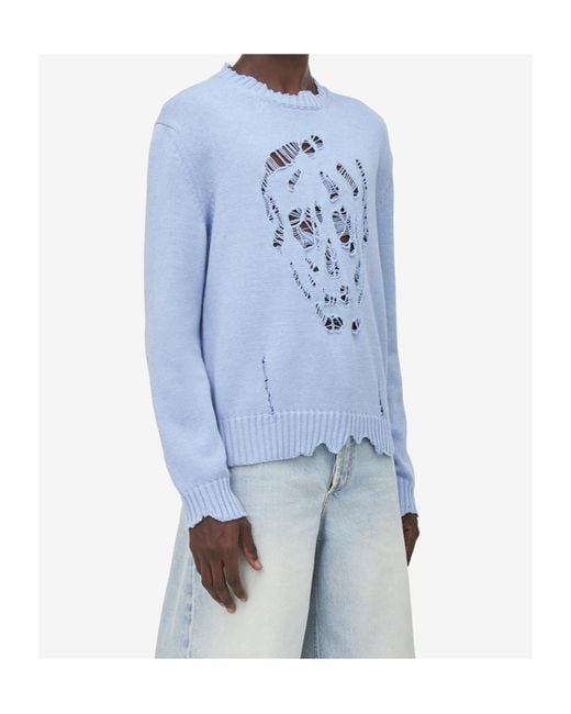 McQueen Blue Skull Distressed Knitted Jumper for men