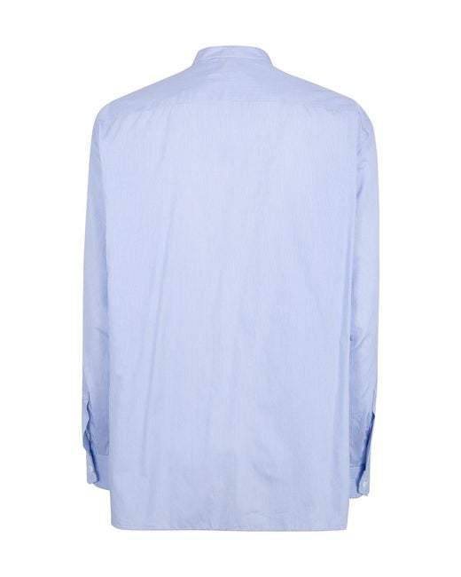 Aspesi Blue Striped-Pattern Band-Collar Shirt