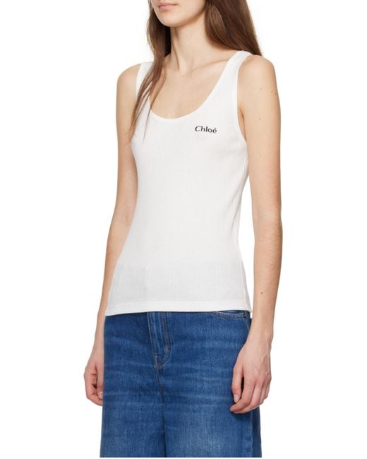 Chloé White Chloé Logo Embroidered Ribbed Tank Top