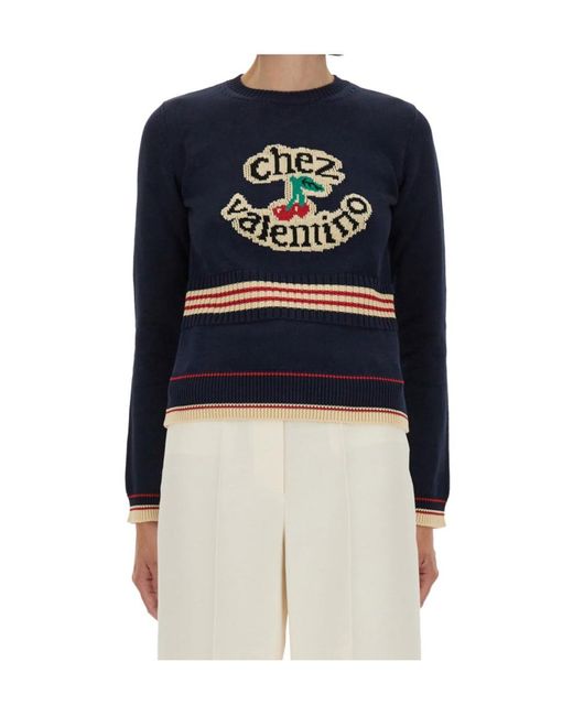 Valentino Blue Cherry Patterned Crewneck Jumper