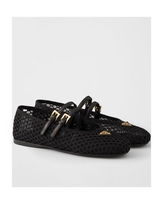 Prada Black Triangle-Logo Mesh Ballet Flats