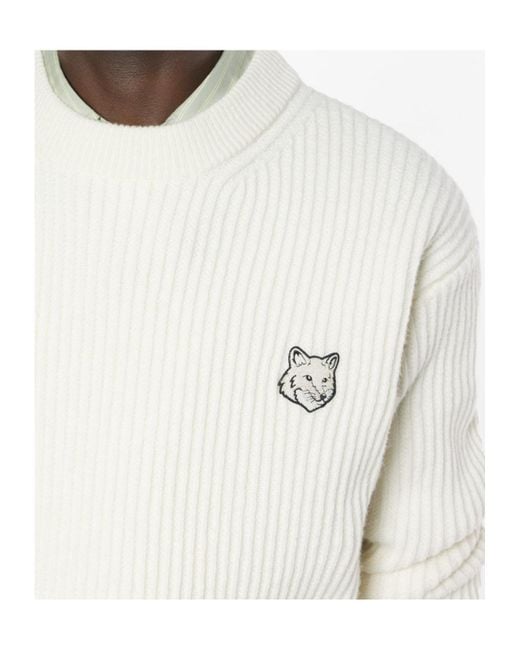 Maison Kitsuné White Maison Kitsuné Fox Head Ribbed Jumper for men