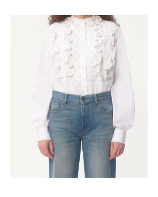 Valentino White Embroidered Frilled Curved Hem Blouse