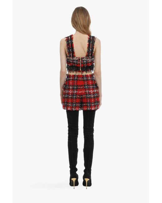 Balmain Red Frayed Check Tweed Shorts