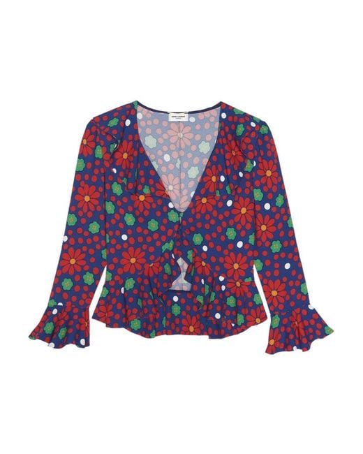 Saint Laurent Red Ruffled V-Neck Blouse