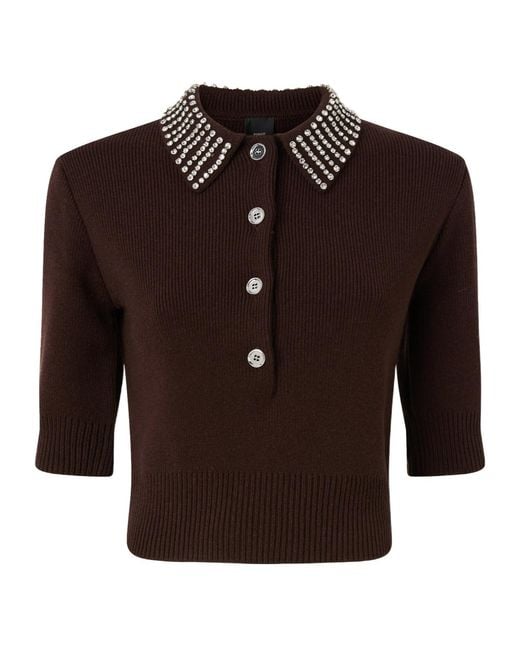 Pinko Brown Collared Embellished Short-Sleeve Knit Polo Shirt