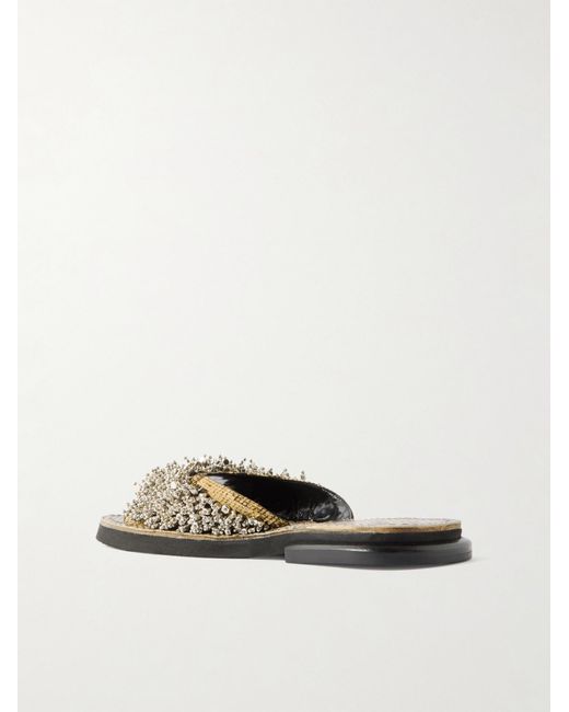 Dries Van Noten White Embellished Snake-Effect Leather Slides