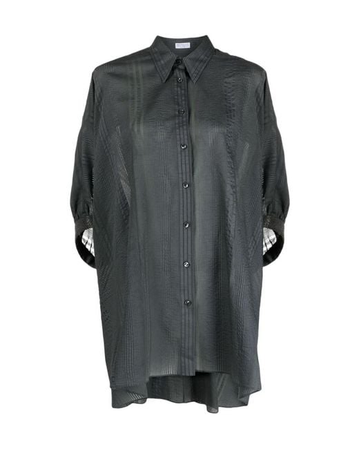 Brunello Cucinelli Gray Striped Half-Sleeve Draped Shirt
