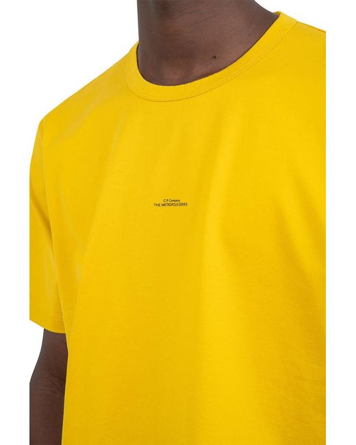 C P Company Yellow Slogan-Print Cotton T-Shirt for men