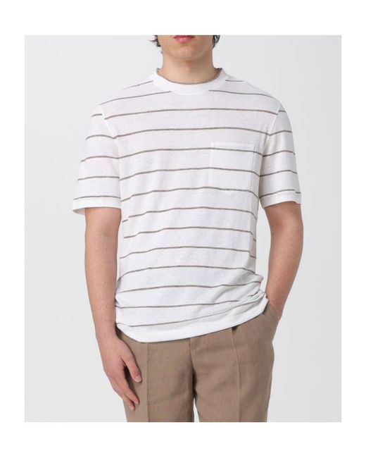 Brunello Cucinelli White Crew-Neck Striped T-Shirt for men