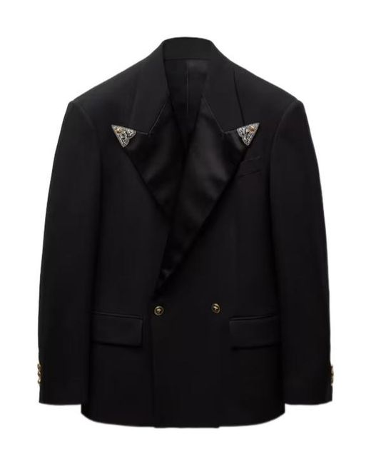 Versace Black Embroidered-Lapel Wool Stretch Blazer for men