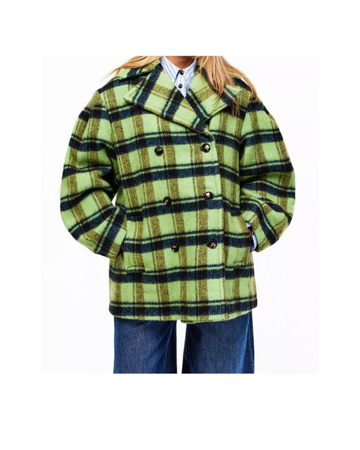 Ganni Green Brushed Wool Check Teddy Coat