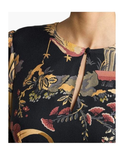 Etro Black Crepe Midi Dress With Flower And Animal Motif