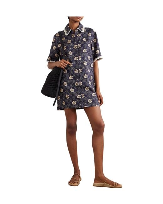 Sea Blue Printed Linen Mini Dress